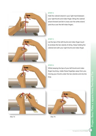 STEP 4
          Hold the colored strand in your right hand between
          your right thumb and index finger. Bring the colored
          strand forward and let it cross over the white strand
          (and thus over the left index finger).




          STEP 5
          Let the tips of the left thumb and index finger touch
          to enclose the two stands of string. Keep holding the
          colored end with your right thumb and index finger.




          STEP 6
          While keeping the tips of your left thumb and index
          finger touching, rotate these fingertips away from you,




                                                                              Project Beta: Make a square knot: Two-hand Tie
          moving your thumb under the two strands and into the
          loop.




Step 7a      Step 7b




                                                                              30
                                              The Apprentice Doctor® E-book
 