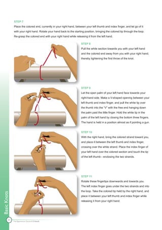 STEP 7
              Place the colored end, currently in your right hand, between your left thumb and index finger, and let go of it
              with your right hand. Rotate your hand back to the starting position, bringing the colored tip through the loop.
              Re-grasp the colored end with your right hand while releasing it from the left hand.

                                                                       STEP 8
                                                                       Pull the white section towards you with your left hand
                                                                       and the colored end away from you with your right hand,
                                                                       thereby tightening the first throw of the knot.




                                                                       STEP 9
                                                                       Let the open palm of your left hand face towards your
                                                                       right-hand side. Make a V-shaped opening between your
                                                                       left thumb and index finger, and pull the white tip over
                                                                       the thumb into the “V” with the free end hanging down
                                                                       the palm past the little finger. Hold the white tip in the
                                                                       palm of the left hand by closing the bottom three fingers.
                                                                       The hand is held in a position almost as if pointing a gun.


                                                                       STEP 10
                                                                       With the right hand, bring the colored strand toward you,
                                                                       and place it between the left thumb and index finger,
                                                                       crossing over the white strand. Place the index finger of
                                                                       your left hand over the colored section and touch the tip
                                                                       of the left thumb - enclosing the two strands.




                                                                       STEP 11
                                                                       Rotate these fingertips downwards and towards you.
                                                                       The left index finger goes under the two strands and into
                                                                       the loop. Take the colored tip held by the right hand, and
Basic Knots




                                                                       place it between your left thumb and index finger while
                                                                       releasing it from your right hand.




        31
              The Apprentice Doctor® E-book
 