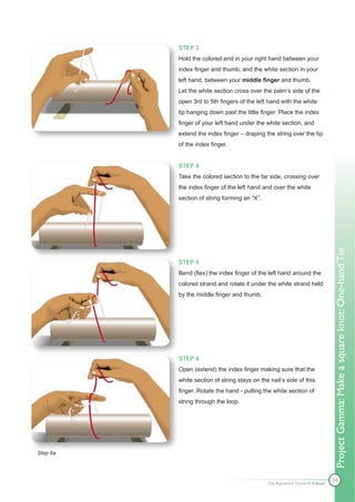 STEP 3
          Hold the colored end in your right hand between your
          index finger and thumb, and the white section in your
          left hand, between your middle finger and thumb.
          Let the white section cross over the palm’s side of the
          open 3rd to 5th fingers of the left hand with the white
          tip hanging down past the little finger. Place the index
          finger of your left hand under the white section, and
          extend the index finger – draping the string over the tip
          of the index finger.


          STEP 4
          Take the colored section to the far side, crossing over
          the index finger of the left hand and over the white
          section of string forming an “X”.




                                                                              Project Gamma: Make a square knot: One-hand Tie
          STEP 5
          Bend (flex) the index finger of the left hand around the
          colored strand and rotate it under the white strand held
          by the middle finger and thumb.




          STEP 6
          Open (extend) the index finger making sure that the
          white section of string stays on the nail’s side of this
          finger. Rotate the hand - pulling the white section of
          string through the loop.




Step 6a




                                                                              34
                                              The Apprentice Doctor® E-book
 