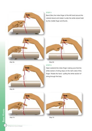 STEP 5
                                              Bend (flex) the index finger of the left hand around the
                                              colored strand and rotate it under the white strand held
                                              by the middle finger and thumb.




                 Step 6a                          Step 6b

                                              STEP 6
                                              Open (extend) the index finger making sure that the
                                              white section of string stays on the nail’s side of this
                                              finger. Rotate the hand - pulling the white section of
                                              string through the loop.




                  Step 6c
Basic Knots




                  Step 7a                         Step 7b




        43
              The Apprentice Doctor® E-book
 