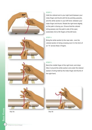 STEP 3
                                              Hold the colored end in your right hand between your
                                              index finger and thumb with the tip pointing upwards,
                                              and the white section in your left hand, between your
                                              index finger and thumb. Rotate the right hand slightly
                                              so the palm is facing you. Ensure that the colored
                                              string passes over the palm’s side of the open
                                              (extended) 3rd to 5th fingers of the left hand.


                                              STEP 4
                                              Bring the white section to the near side - over the
                                              colored section of string crossing over it in the form of
                                              an “X” across these 3 fingers.




                                              STEP 5
                                              Bend the middle finger of the right hand, and close
                                              (flex) it around the white section and under the colored
                                              section of string held by the index finger and thumb of
                                              the right hand.
Basic Knots




                  Step 6a                        Step 6b




        47    The Apprentice Doctor® E-book
 