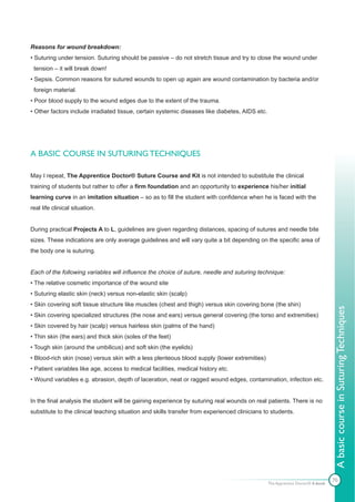 Reasons for wound breakdown:
• Suturing under tension. Suturing should be passive – do not stretch tissue and try to close the wound under
 tension – it will break down!
• Sepsis. Common reasons for sutured wounds to open up again are wound contamination by bacteria and/or
 foreign material.
• Poor blood supply to the wound edges due to the extent of the trauma.
• Other factors include irradiated tissue, certain systemic diseases like diabetes, AIDS etc.




A BASIC COURSE IN SUTURING TECHNIQUES

May I repeat, The Apprentice Doctor® Suture Course and Kit is not intended to substitute the clinical
training of students but rather to offer a firm foundation and an opportunity to experience his/her initial
learning curve in an imitation situation – so as to fill the student with confidence when he is faced with the
real life clinical situation.


During practical Projects A to L, guidelines are given regarding distances, spacing of sutures and needle bite
sizes. These indications are only average guidelines and will vary quite a bit depending on the specific area of
the body one is suturing.


Each of the following variables will influence the choice of suture, needle and suturing technique:
• The relative cosmetic importance of the wound site
• Suturing elastic skin (neck) versus non-elastic skin (scalp)
• Skin covering soft tissue structure like muscles (chest and thigh) versus skin covering bone (the shin)




                                                                                                                                A basic course in Suturing Techniques
• Skin covering specialized structures (the nose and ears) versus general covering (the torso and extremities)
• Skin covered by hair (scalp) versus hairless skin (palms of the hand)
• Thin skin (the ears) and thick skin (soles of the feet)
• Tough skin (around the umbilicus) and soft skin (the eyelids)
• Blood-rich skin (nose) versus skin with a less plenteous blood supply (lower extremities)
• Patient variables like age, access to medical facilities, medical history etc.
• Wound variables e.g. abrasion, depth of laceration, neat or ragged wound edges, contamination, infection etc.


In the final analysis the student will be gaining experience by suturing real wounds on real patients. There is no
substitute to the clinical teaching situation and skills transfer from experienced clinicians to students.




                                                                                                                                70
                                                                                                The Apprentice Doctor® E-book
 