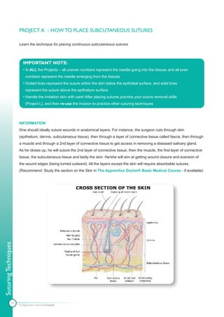 PROJECT A - HOW TO PLACE SUBCUTANEOUS SUTURES

                      Learn the technique for placing continuous subcutaneous sutures



                         IMPORTANT NOTE:
                         • In ALL the Projects – all uneven numbers represent the needle going into the tissues and all even
                           numbers represent the needle emerging from the tissues
                         • Dotted lines represent the suture within the skin below the epithelial surface, and solid lines
                           represent the suture above the epithelium surface
                         • Handle the Imitation skin with care! After placing sutures practice your suture removal skills
                           (Project L), and then re-use the incision to practice other suturing techniques




                      INFORMATION
                      One should ideally suture wounds in anatomical layers. For instance, the surgeon cuts through skin
                      (epithelium, dermis, subcutaneous tissue), then through a layer of connective tissue called fascia, then through
                      a muscle and through a 2nd layer of connective tissue to get access in removing a diseased salivary gland.
                      As he closes up, he will suture the 2nd layer of connective tissue, then the muscle, the first layer of connective
                      tissue, the subcutaneous tissue and lastly the skin. He/she will aim at getting wound closure and eversion of
                      the wound edges (being turned outward). All the layers except the skin will require absorbable sutures.
                      (Recommend: Study the section on the Skin in The Apprentice Doctor® Basic Medical Course - if available)
Suturing Techniques




               71     The Apprentice Doctor® E-book
 