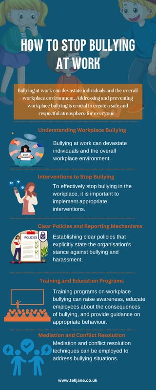 To effectively stop bullying in the
workplace, it is important to
implement appropriate
interventions.
Mediation and conflict resolution
techniques can be employed to
address bullying situations.
HOW TO STOP BULLYING
AT WORK
Bullying at work can devastate
individuals and the overall
workplace environment.
Establishing clear policies that
explicitly state the organisation's
stance against bullying and
harassment.
Training programs on workplace
bullying can raise awareness, educate
employees about the consequences
of bullying, and provide guidance on
appropriate behaviour.
Bullying at work can devastate individuals and the overall
workplace environment. Addressing and preventing
workplace bullying is crucial to create a safe and
respectful atmosphere for everyone.
Understanding Workplace Bullying
Interventions to Stop Bullying
Clear Policies and Reporting Mechanisms
Training and Education Programs
Mediation and Conflict Resolution
www.telljane.co.uk
 