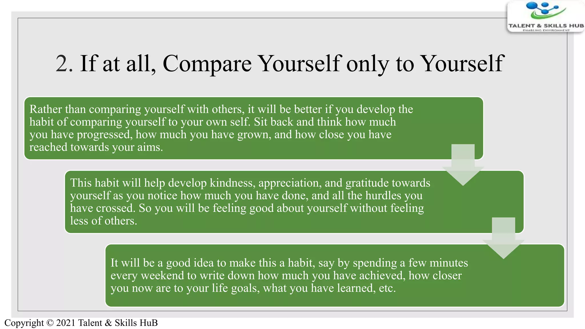 2. If at all, Compare Yourself only to Yourself
Rather than comparing yourself with others, it will be better if you develop the
habit of comparing yourself to your own self. Sit back and think how much
you have progressed, how much you have grown, and how close you have
reached towards your aims.
This habit will help develop kindness, appreciation, and gratitude towards
yourself as you notice how much you have done, and all the hurdles you
have crossed. So you will be feeling good about yourself without feeling
less of others.
It will be a good idea to make this a habit, say by spending a few minutes
every weekend to write down how much you have achieved, how closer
you now are to your life goals, what you have learned, etc.
Copyright © 2021 Talent & Skills HuB
 