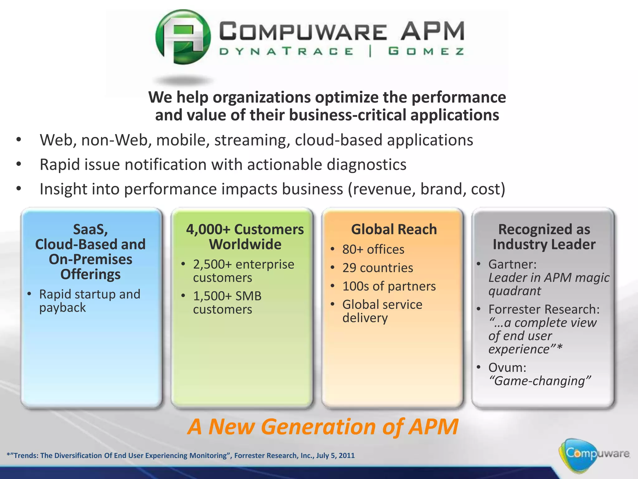 We help organizations optimize the performance
and value of their business-critical applications
• Web, non-Web, mobile, streaming, cloud-based applications
• Rapid issue notification with actionable diagnostics
• Insight into performance impacts business (revenue, brand, cost)
SaaS,
Cloud-Based and
On-Premises
Offerings
• Rapid startup and
payback
*”Trends: The Diversification Of End User Experiencing Monitoring”, Forrester Research, Inc., July 5, 2011
4,000+ Customers
Worldwide
• 2,500+ enterprise
customers
• 1,500+ SMB
customers
Global Reach
• 80+ offices
• 29 countries
• 100s of partners
• Global service
delivery
Recognized as
Industry Leader
• Gartner:
Leader in APM magic
quadrant
• Forrester Research:
“…a complete view
of end user
experience”*
• Ovum:
“Game-changing”
A New Generation of APM
 
