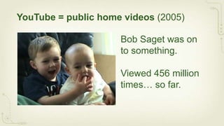 YouTube = public home videos (2005)

                     Bob Saget was on
                     to something.

                     Viewed 456 million
                     times… so far.
 