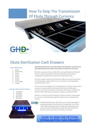 How 
To 
Stop 
The 
Transmission 
Of 
Ebola 
Through 
Currency 
Ebola 
Sterilization 
Cash 
Drawers 
Global 
health 
Drawers 
has 
developed 
sterilization 
cash 
drawers 
that 
kill 
the 
bacteria 
and 
viruses 
that 
are 
found 
on 
currency. 
With 
the 
immanent 
threat 
of 
the 
Ebola 
virus 
globally, 
Global 
Health 
Drawers 
has 
developed 
New 
Ebola 
sterilization 
cash 
drawers, 
stopping 
the 
spread 
and 
transmission 
of 
the 
Ebola 
Virus. 
The 
New 
range 
of 
tailored 
cash 
drawers 
offers 
increased 
innovation 
and 
technology, 
targeting 
the 
virus 
on 
currency 
and 
stopping 
the 
spread 
between 
users. 
As 
currency 
is 
the 
single 
most 
circulated 
item 
in 
society, 
money 
offers 
a 
means 
to 
spread 
infectious 
diseases 
both 
fast 
and 
efficiently. 
Currency 
is 
a 
know 
transmitter 
of 
bacteria 
and 
viruses, 
whilst 
cash 
drawers 
offer 
ideal 
living 
conditions, 
acting 
as 
incubation 
hubs. 
Ebola 
on 
currency 
has 
the 
potential 
to 
wipe 
out 
entire 
communities 
as 
currency 
is 
circulated 
through 
the 
hands 
of 
every 
individual 
in 
society. 
Global 
Health 
Drawers 
kills 
Ebola 
on 
currency 
through 
its 
patented 
method 
of 
sterilization. 
Through 
the 
use 
of 
ultra 
violet 
light 
technology 
and 
scientifically 
engineered 
cash 
drawer, 
Global 
Health 
Drawers 
kills 
between 
90-­‐99% 
of 
bacteria 
and 
viruses 
that 
are 
found 
on 
currency. 
How 
Is 
Ebola 
Spread 
1. Blood 
2. Body 
Fluid 
3. Urine, 
4. Saliva, 
5. Sweat, 
6. Feces, 
7. Vomit, 
8. Breast 
Milk, 
9. 
Semen 
How 
Does 
Ebola 
Get 
On 
To 
Money 
1. Coughing 
2. Sneezing 
3. Vomiting 
4. Bleeding 
5. Sweating 
CLICK TO SIGN THE PETITION 
STERALISATION CASH DRAWER 
