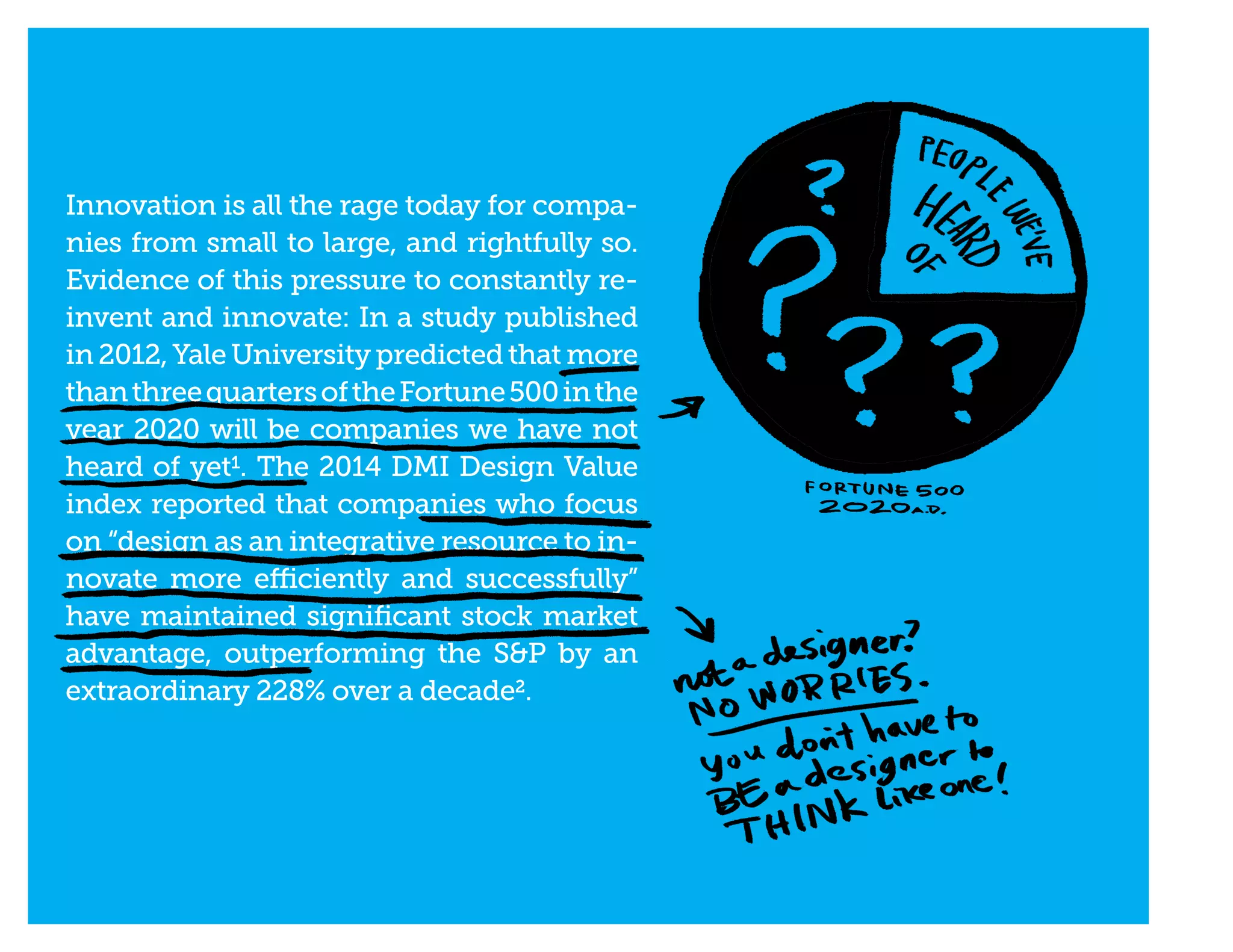 Innovation is all the rage today for compa-
nies from small to large, and rightfully so.
Evidence of this pressure to constantly re-
invent and innovate: In a study published
in 2012, Yale University predicted that more
thanthreequartersoftheFortune500inthe
year 2020 will be companies we have not
heard of yet1. The 2014 DMI Design Value
index reported that companies who focus
on “design as an integrative resource to in-
novate more efficiently and successfully”
have maintained significant stock market
advantage, outperforming the S&P by an
extraordinary 228% over a decade2.
 