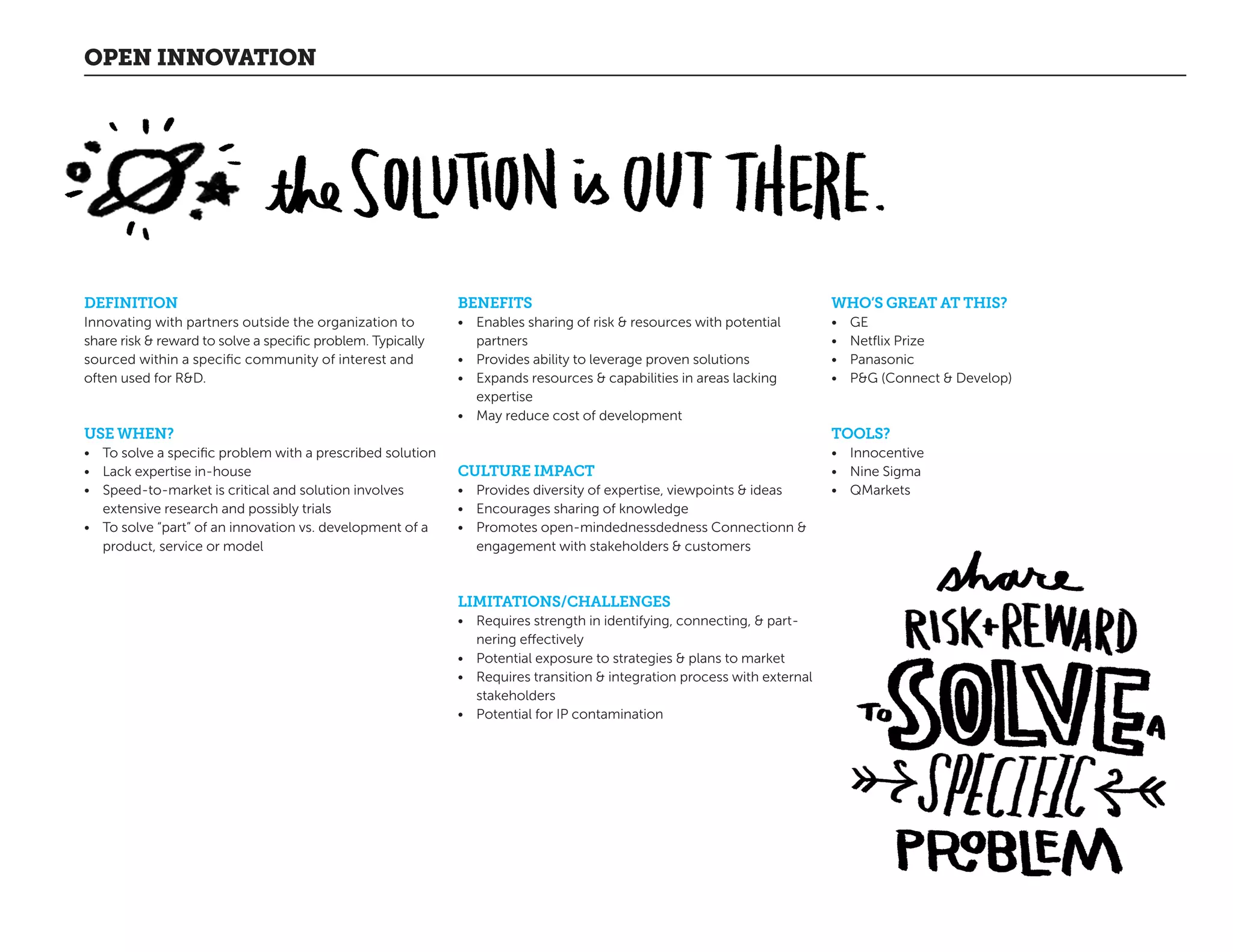 DEFINITION
Innovating with partners outside the organization to
share risk  reward to solve a specific problem. Typically
sourced within a specific community of interest and
often used for RD.
USE WHEN?
•	 To solve a specific problem with a prescribed solution
•	 Lack expertise in-house
•	 Speed-to-market is critical and solution involves
extensive research and possibly trials
•	 To solve “part” of an innovation vs. development of a
product, service or model
OPEN INNOVATION
BENEFITS
•	 Enables sharing of risk  resources with potential
partners
•	 Provides ability to leverage proven solutions
•	 Expands resources  capabilities in areas lacking
expertise
•	 May reduce cost of development
CULTURE IMPACT
•	 Provides diversity of expertise, viewpoints  ideas
•	 Encourages sharing of knowledge
•	 Promotes open-mindednessdedness Connectionn 
engagement with stakeholders  customers
LIMITATIONS/CHALLENGES
•	 Requires strength in identifying, connecting,  part-
nering effectively
•	 Potential exposure to strategies  plans to market
•	 Requires transition  integration process with external
stakeholders
•	 Potential for IP contamination
WHO’S GREAT AT THIS?
•	 GE
•	 Netflix Prize
•	 Panasonic
•	 PG (Connect  Develop)
TOOLS?
•	 Innocentive
•	 Nine Sigma
•	 QMarkets
 