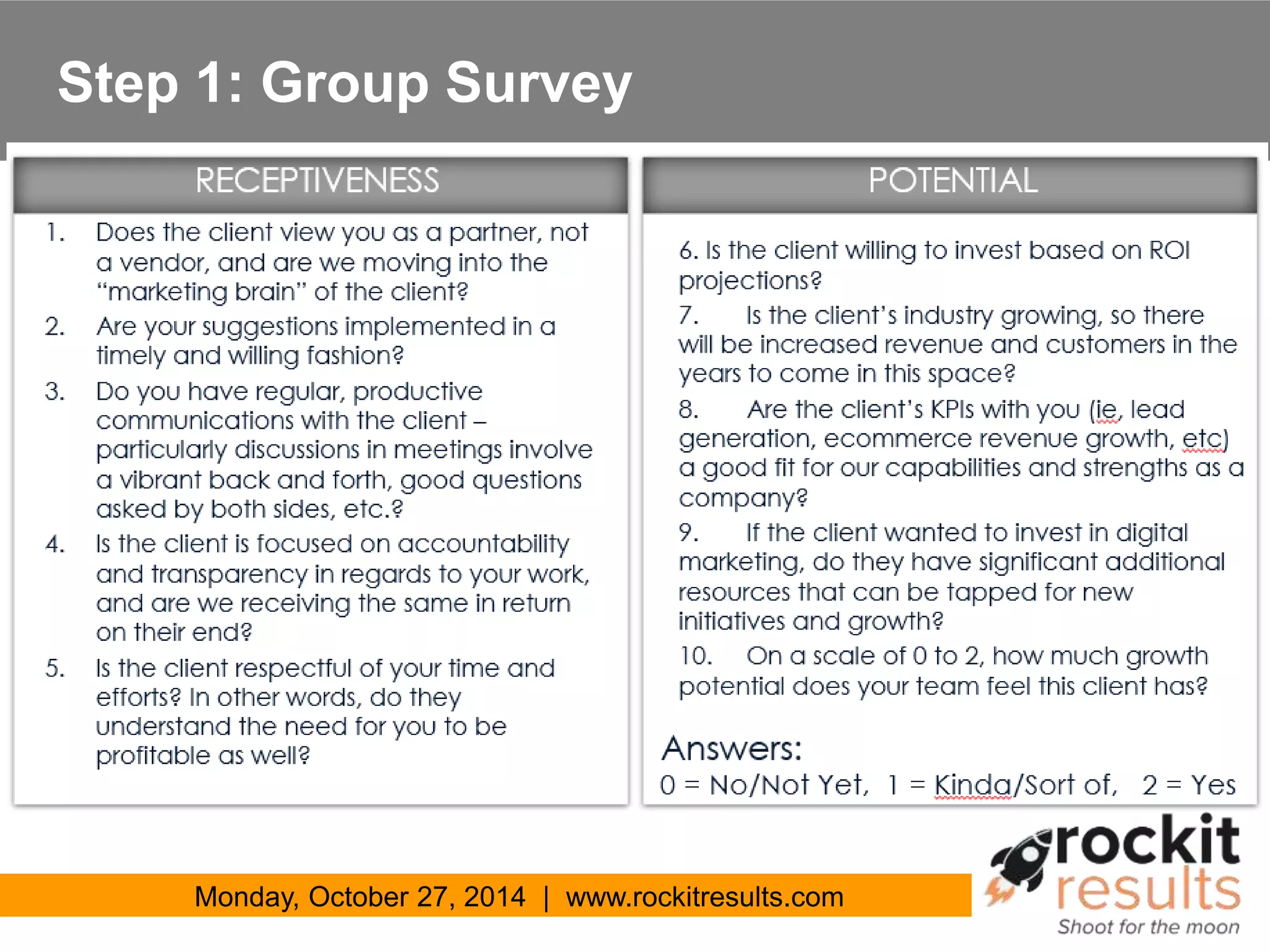 Step 1: Group Survey 
RECEPTIVENESS 
Monday, October 27, 2014 | www.rockitresults.com 
 