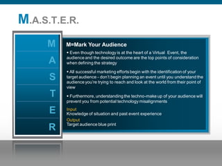 M.A.S.T.E.R.
                                    M                   M=Mark Your Audience
                                                         Even though technology is at the heart of a Virtual Event, the
                                                        audience and the desired outcome are the top points of consideration
                                     A                  when defining the strategy

                                                         All successful marketing efforts begin with the identification of your
                                      S                 target audience - don’t begin planning an event until you understand the
                                                        audience you’re trying to reach and look at the world from their point of
                                                        view
                                      T                  Furthermore, understanding the techno-make up of your audience will
                                                        prevent you from potential technology misalignments

                                      E                 Input
                                                        Knowledge of situation and past event experience
                                                        Output
                                                        Target audience blue print
                                     R


Presentation_ID   © 2006 Cisco Systems, Inc. All rights reserved.   Cisco Confidential                                              18
 