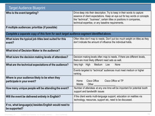Target Audience Blueprint
 Who is the event targeting?                                                             Drive deep into their description. Try to keep in their words to capture
                                                                                         essence of client expectations. Keep an eye out for key words or concepts
                                                                                         like “technical”, “business”, certain titles or positions in companies,
                                                                                         technical expertise, or any baseline requirements.
 If multiple audiences: prioritize (if possible)

 Complete a separate copy of this form for each target audience segment identified above.
 What is/are the typical job titles best suited for this                                 Often titles don‟t map to needs. Don‟t put too much weight on titles as they
 event?                                                                                  don‟t indicate the amount of influence the individual holds.


 What kind of Decision Maker is the audience?

 What is/are the decision making levels of attendees?                                    Decision making levels often map to needs. If there are different levels,
                                                                                         there are most likely different need sets as well.
 What are the technical expectations of the audience?                                    Very high High      Medium      Low      None

                                                                                         Events targeted to “technical” audiences must meet medium or higher
                                                                                         ranking.
 Where is your audience likely to be when they
 participate in your event?                                                                Home Cisco Office          Cisco Office w/ TP
                                                                                           Mobile     Other _________________
 How many unique people will be attending the event?                                     Number of attendees at any one time will be important for potential booth
                                                                                         support and bandwidth issues
 Will the event be delivered entirely in English?                                        If the client wants multi-language support, education on realities via
                                                                                         technology, resources, support etc, need to be discussed.
 If no, what language(s) besides English would need to
 be supported?
Presentation_ID   © 2006 Cisco Systems, Inc. All rights reserved.   Cisco Confidential                                                                               19
 