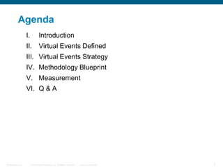 Agenda
                  I.           Introduction
                  II.          Virtual Events Defined
                  III. Virtual Events Strategy
                  IV. Methodology Blueprint
                  V. Measurement
                  VI. Q & A




Presentation_ID        © 2009Cisco Systems, Inc. All rights reserved.   Cisco Confidential   3
 