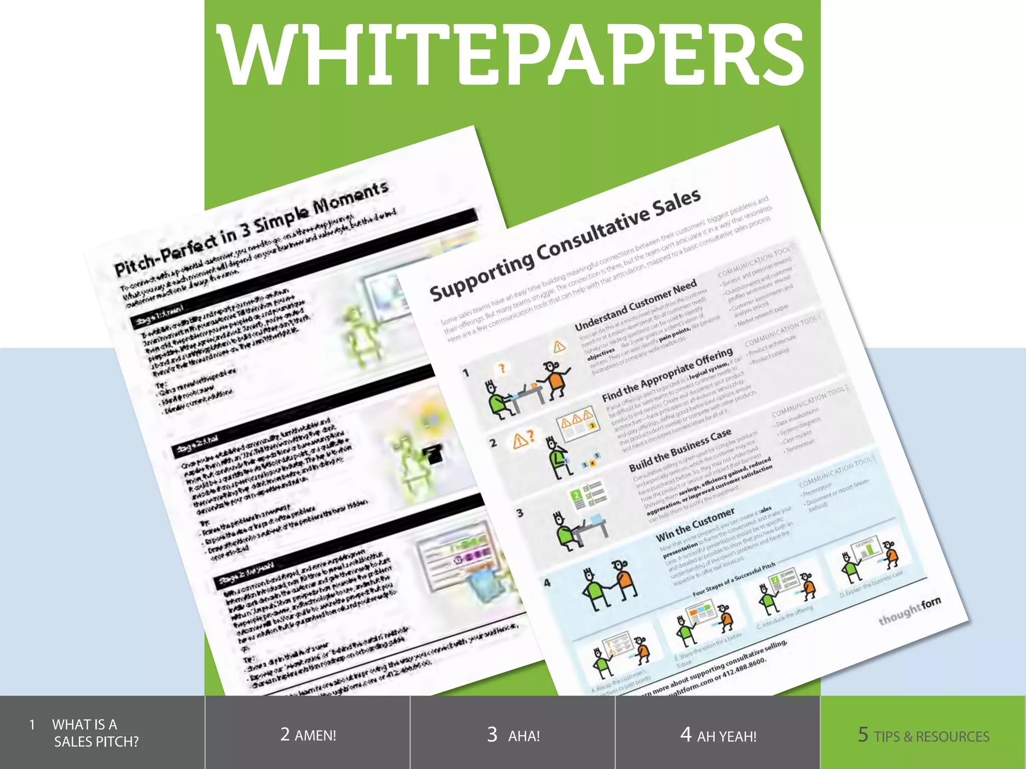 WHITEPAPERS
1  WHAT IS A
SALES PITCH? 2 AMEN! 3 AHA! 4 AH YEAH! 5 TIPS & RESOURCES
 