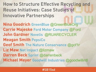 Nina Goodrich GreenBlue @GreenBlueOrg
Carrie Majeske Ford Motor Company @Ford
John Gardner Novelis @RUARECYCLER
Meagan Smith PepsiCo
Geof Smith The Nature Conservance @gof1r
Liz Maw Net Impact @lizmaw
Darren Beck Sprint @darrenbeck
Michael Meyer Goodwill Industries @goodwillintl
#SB15sd
How to Structure Effective Recycling and
Reuse Initiatives: Case Studies of
Innovative Partnerships
 