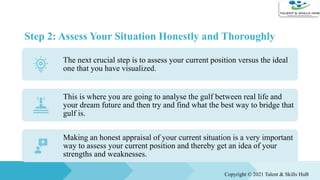 Step 2: Assess Your Situation Honestly and Thoroughly
The next crucial step is to assess your current position versus the ideal
one that you have visualized.
This is where you are going to analyse the gulf between real life and
your dream future and then try and find what the best way to bridge that
gulf is.
Making an honest appraisal of your current situation is a very important
way to assess your current position and thereby get an idea of your
strengths and weaknesses.
Copyright © 2021 Talent & Skills HuB
 