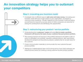 An innovation strategy helps you to outsmart
  your competitors
                              Step 2: innovating your business model
                              •  Investigate new or different ways to add value and make money. Innovating your
                                business model will have a huge impact on your organization, so prepare to
                                overcome some resistance. Visually mapping out your business model and letting
                                yourself become inspired by success stories of other companies are essential for
                                seeing the overall picture and identifying new opportunities.



                              Step 3: restructuring your product / service portfolio
                              •  Understanding your customers’ needs and using this to create a portfolio
                                framework will become the basis of your customer-focused product portfolio.
                              •  Plot existing products and services in the portfolio framework and define a plan of
                                action to strengthen your portfolio: reposition existing products, start new product
                                development projects and discontinue products / projects that do not add value for
                                the customer.
                              •  Create communication materials to communicate the new customer-focused
                                product portfolio.
                              •  Setting-up a multidisciplinary team and involving some of your best customers are
                                critical success factors for creating a strong customer-focused product portfolio.




the bright way to innovate!
 