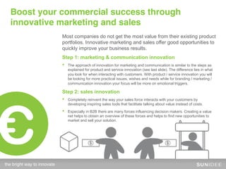 Boost your commercial success through
  innovative marketing and sales
                              Most companies do not get the most value from their existing product
                              portfolios. Innovative marketing and sales offer good opportunities to
                              quickly improve your business results.
                              Step 1: marketing & communication innovation
                              •    The approach of innovation for marketing and communication is similar to the steps as
                                   explained for product and service innovation (see last slide). The difference lies in what
                                   you look for when interacting with customers. With product / service innovation you will
                                   be looking for more practical issues, wishes and needs while for branding / marketing /
                                   communication innovation your focus will be more on emotional triggers.

                              Step 2: sales innovation




C
                              •    Completely reinvent the way your sales force interacts with your customers by
                                   developing inspiring sales tools that facilitate talking about value instead of costs.
                              •    Especially in B2B there are many forces influencing decision makers. Creating a value
                                   net helps to obtain an overview of these forces and helps to find new opportunities to
                                   market and sell your solution.




the bright way to innovate!
 