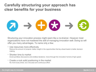 Carefully structuring your approach has
  clear benefits for your business




      Structuring your innovation process might seem like a no-brainer. However most
      organizations have not mastered the skill of managing innovation well. Doing so will
      offer you many advantages. To name only a few:
      •  Use resources more effectively
         Reduce the amount of projects: better insight in the opportunities that lay ahead leads to better decision
         making.

      •  Shorten time to market
         Avoid pointless discussions and endless iterations: move through the innovation funnel at high speed.

      •  Create a rock solid positioning in the market
         No more lucky shots, but a focused and continuous effort.



the bright way to innovate!
 