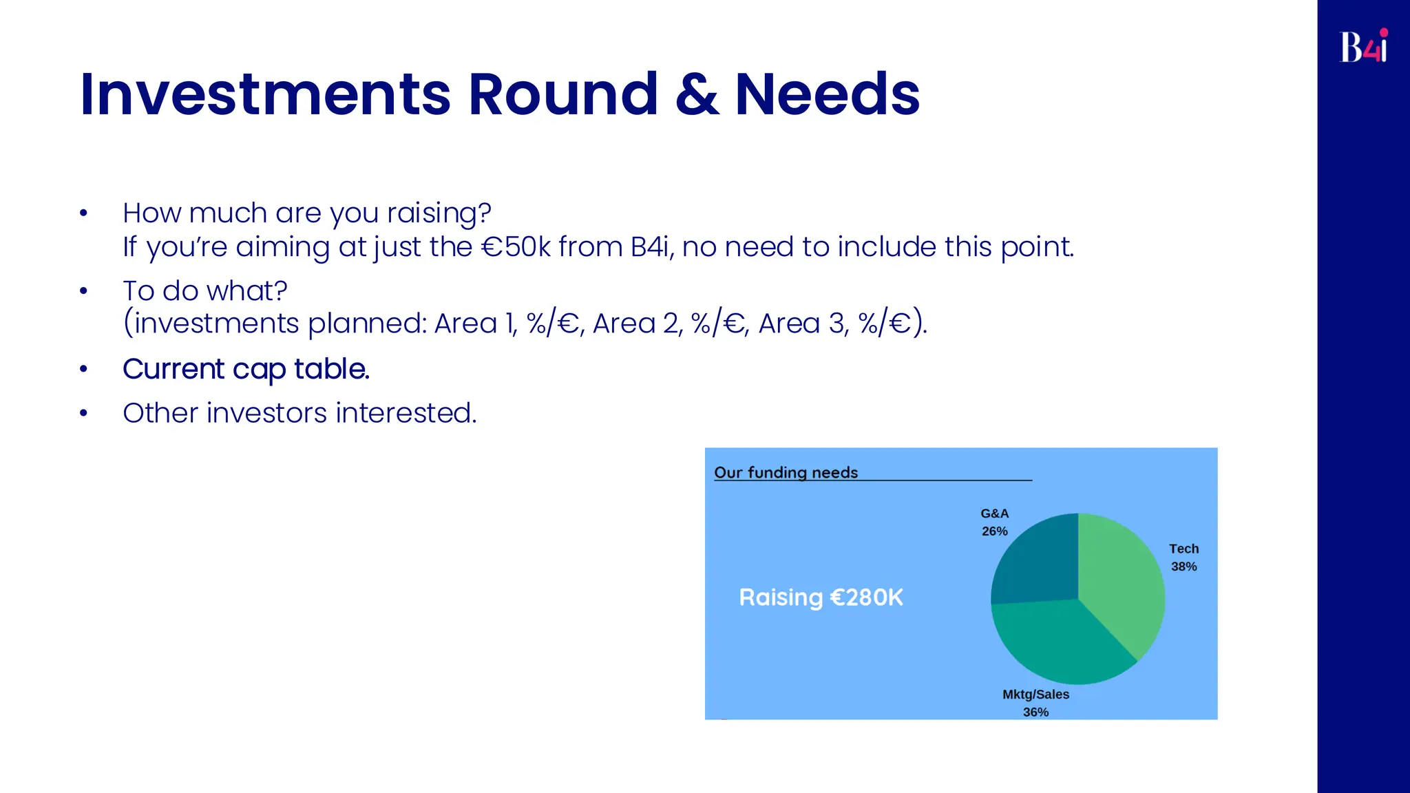 Investments Round & Needs
• How much are you raising?
If you’re aiming at just the €50k from B4i, no need to include this point.
• To do what?
(investments planned: Area 1, %/€, Area 2, %/€, Area 3, %/€).
• Current cap table.
• Other investors interested.
 