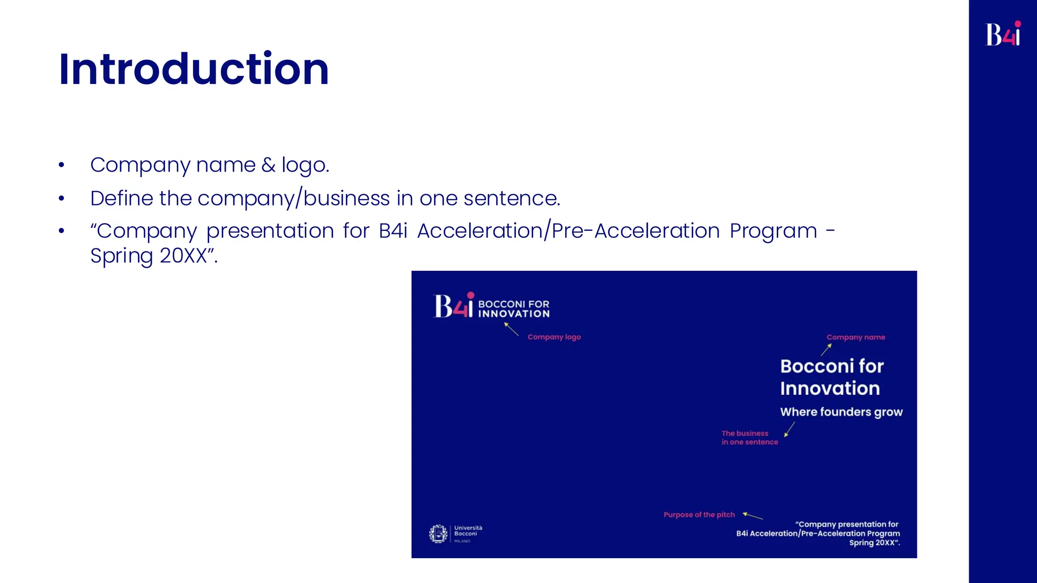 Introduction
• Company name & logo.
• Define the company/business in one sentence.
• “Company presentation for B4i Acceleration/Pre-Acceleration Program -
Spring 20XX”.
 