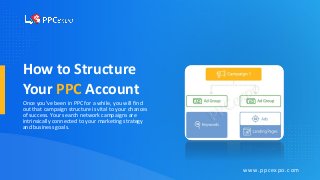 How to Structure
Your PPC Account
Once you’ve been in PPC for a while, you will find
out that campaign structure is vital to your chances
of success. Your search network campaigns are
intrinsically connected to your marketing strategy
and business goals.
www.ppcexpo.com
 