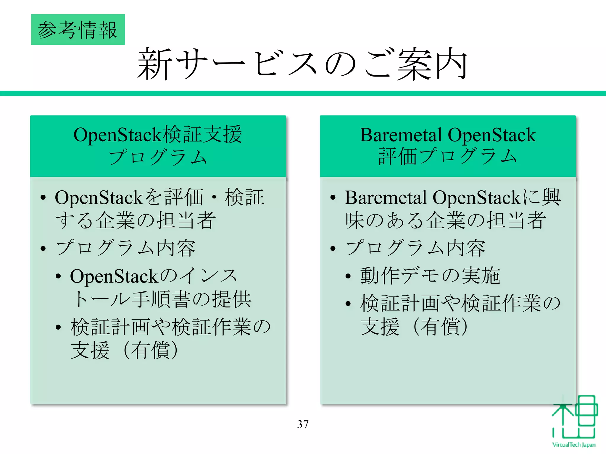 参考情報

新サービスのご案内
OpenStack検証支援
プログラム

Baremetal OpenStack
評価プログラム

• OpenStackを評価・検証
する企業の担当者
• プログラム内容
• OpenStackのインス
トール手順書の提供
• 検証計画や検証作業の
支援（有償）

• Baremetal OpenStackに興
味のある企業の担当者
• プログラム内容
• 動作デモの実施
• 検証計画や検証作業の
支援（有償）

37

 