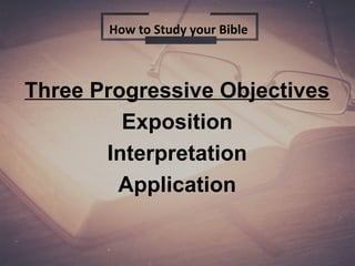 Three Progressive Objectives
Exposition
Interpretation
Application
How to Study your Bible
 