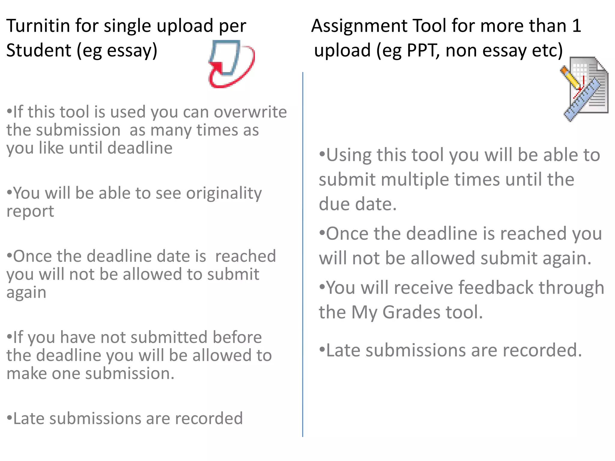 Turnitin for single upload per              Assignment Tool for more than 1Student (eg essay)			upload (eg PPT, non essay etc)                              Using this tool you will be able to submit multiple times until the due date.