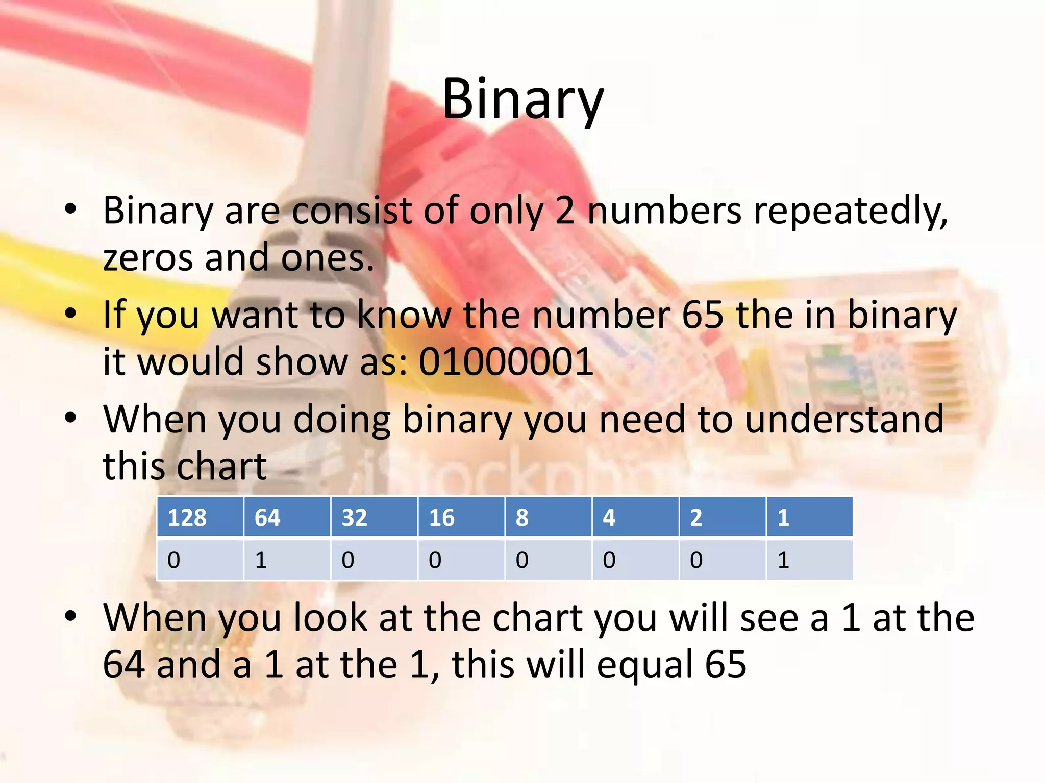 BinaryBinary are consist of only 2 numbers repeatedly, zeros and ones.If you want to know the number 65 the in binary it would show as: 01000001When you doing binary you need to understand this chart																					When you look at the chart you will see a 1 at the 64 and a 1 at the 1, this will equal 65