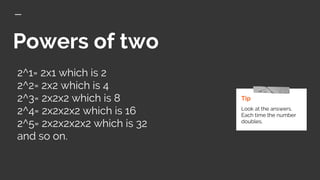 Powers of two
Tip
Look at the answers.
Each time the number
doubles.
2^1= 2x1 which is 2
2^2= 2x2 which is 4
2^3= 2x2x2 which is 8
2^4= 2x2x2x2 which is 16
2^5= 2x2x2x2x2 which is 32
and so on.
 