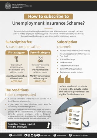 How to subscribe to
Unemployment Insurance Scheme?
�e subscription to the Unemployment Insurance Scheme starts on January 1, 2023 as it
aims to protect employees by o�ering them a maximum 3-month cash compensation as
long as they did not resign or were dismissed for disciplinary reasons
UAE nationals and residents
working in the private sector
or the federal government are
eligible for the insurance
No costs or fees are required
from the employers
Subscription
channels
Insurance Pool website (www.iloe.ae)
�e smart application of the Insurance
Pool (iloe)
Al Ansari Exchange
Kiosk machines
Telecommunication bills
Bank ATMs and applications
Businessmen service centers
�e conditions
to be compensated
If you are subscribed to the insurance scheme for at
least 12 consecutive months
If you have not been dismissed from work for
disciplinary reasons or resignation
�ose excluded from the insurance scheme are investors
(owners of the establishments in which they work),
domestic workers, employees with a temporary
employmentcontract,juvenilesunder18andretireeswho
receivearetirementpensionandhavejoinedanewjob
Subscription fee
& cash compensation
First category Second category
Basic salary of
AED16,000 or less
�e insurance cost:
AED5 per month
Monthly compensation
will reach up to
AED10,000
Basic salary exceeding
AED16,000
�e insurance cost:
AED10 per month
Monthly compensation
will reach up to
AED20,000
 