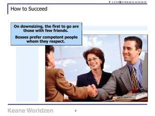 How to Succeed On downsizing, the first to go are those with few friends.  Bosses prefer competent people whom they respect.   1 2 3 4  5  6 7 8 9 10 11 12 13 14 15 