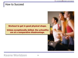 How to Succeed Workout to get in good physical shape.  Unless exceptionally skilled, the unhealthy are at a comparative disadvantage.  1 2 3 4 5 6  7  8 9 10 11 12 13 14 15 