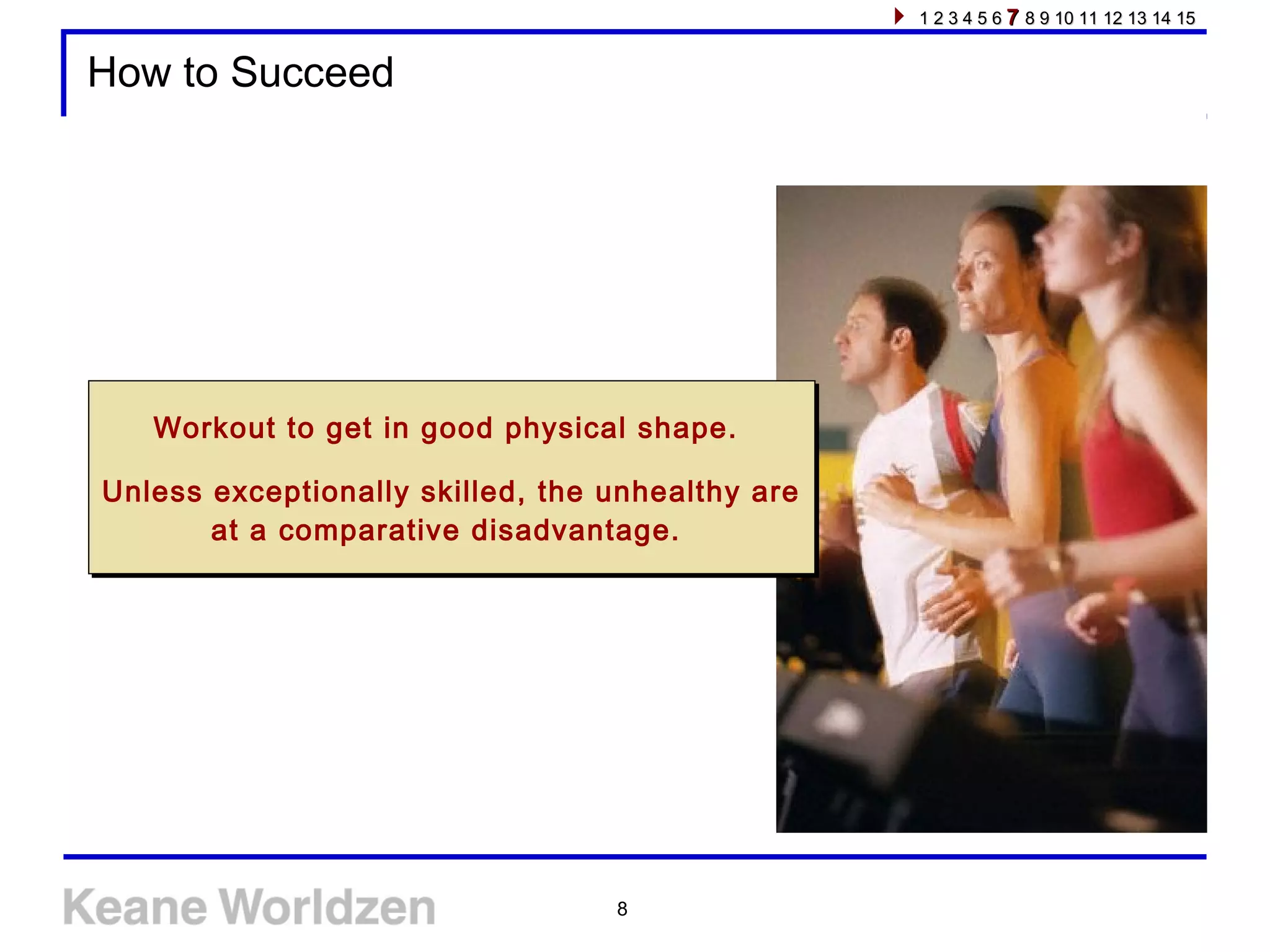 8
How to Succeed
Workout to get in good physical shape.
Unless exceptionally skilled, the unhealthy are
at a comparative disadvantage.
Workout to get in good physical shape.
Unless exceptionally skilled, the unhealthy are
at a comparative disadvantage.
1 2 3 4 5 61 2 3 4 5 6 77 8 9 10 11 12 13 14 158 9 10 11 12 13 14 15
 