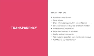 •  Rotate the credit around
•  Admit failures
•  Share information openly, if it’s not conﬁdential
•  Be honest about how they feel for a team member
•  Practice candor, respectfully
•  Allow team members to be candid
•  Ask for feedback, constantly
•  Actively solicit ideas from team members to improve
•  Not Afraid to say “I don’t know”
TRANSPARENCY
WHAT THEY DO
 