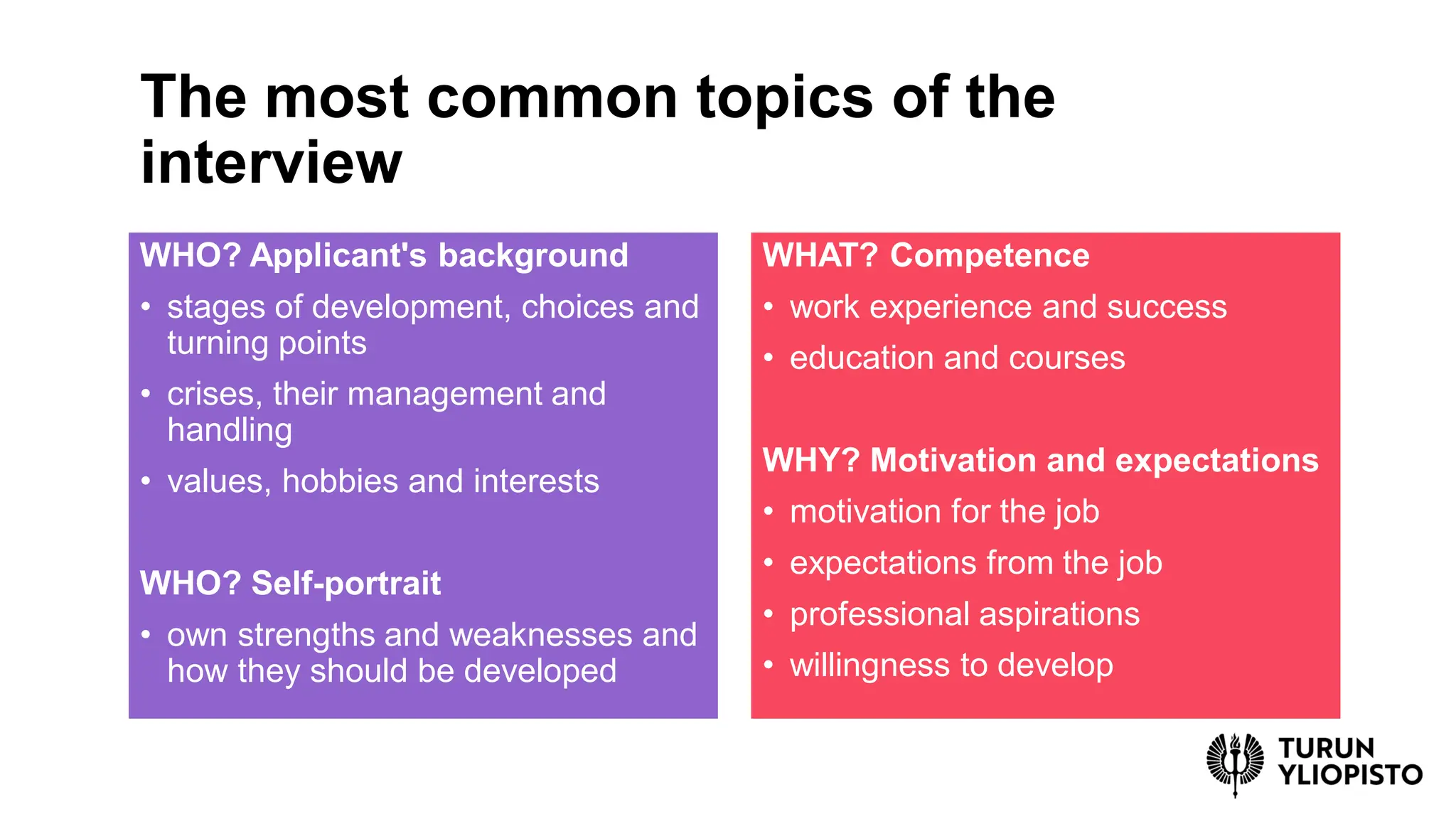 WHO? Applicant's background
• stages of development, choices and
turning points
• crises, their management and
handling
• values, hobbies and interests
WHO? Self-portrait
• own strengths and weaknesses and
how they should be developed
WHAT? Competence
• work experience and success
• education and courses
WHY? Motivation and expectations
• motivation for the job
• expectations from the job
• professional aspirations
• willingness to develop
The most common topics of the
interview
 