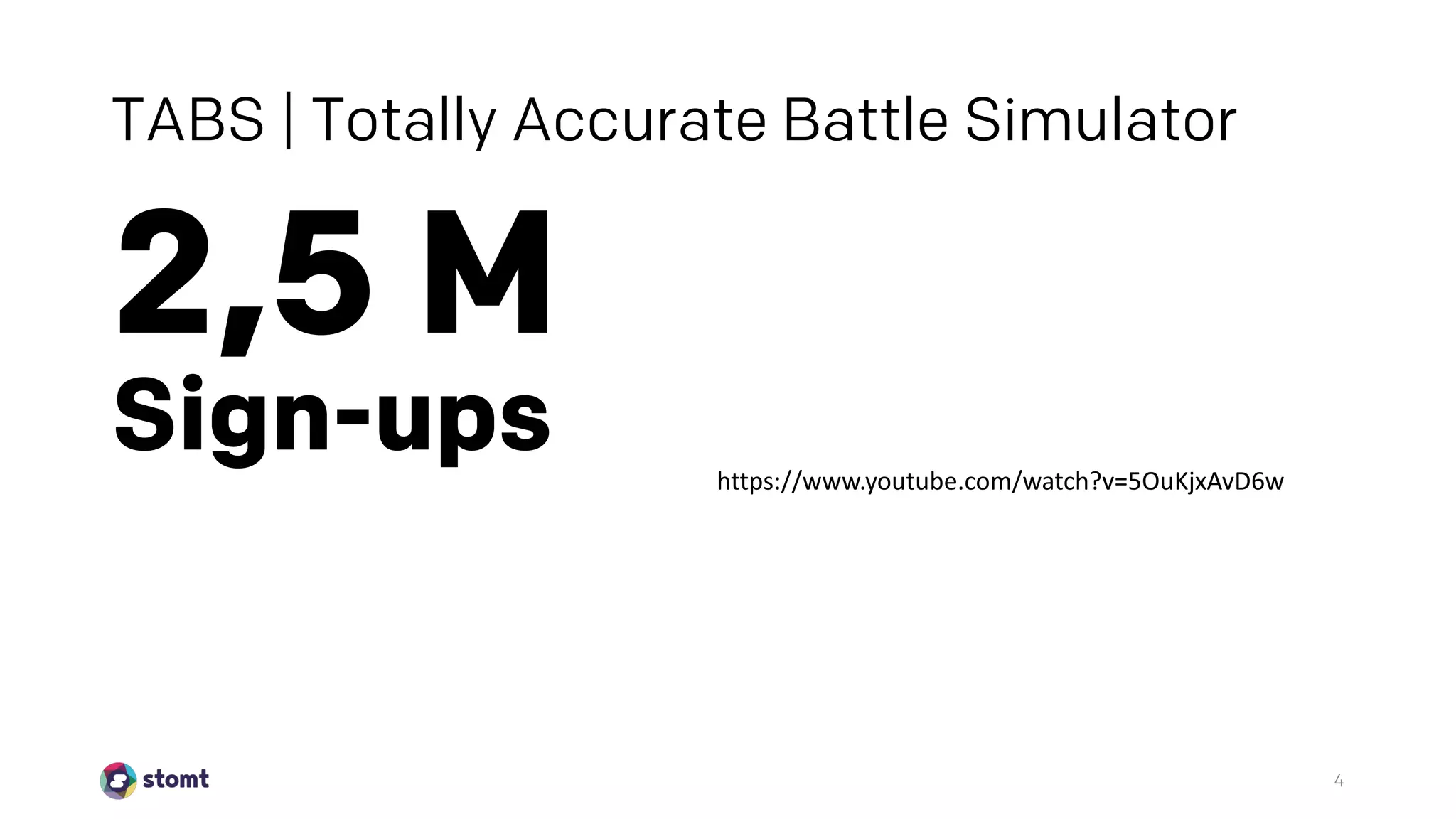 TABS | Totally Accurate Battle Simulator
2,5 M
Sign-ups
4
https://www.youtube.com/watch?v=5OuKjxAvD6w
 