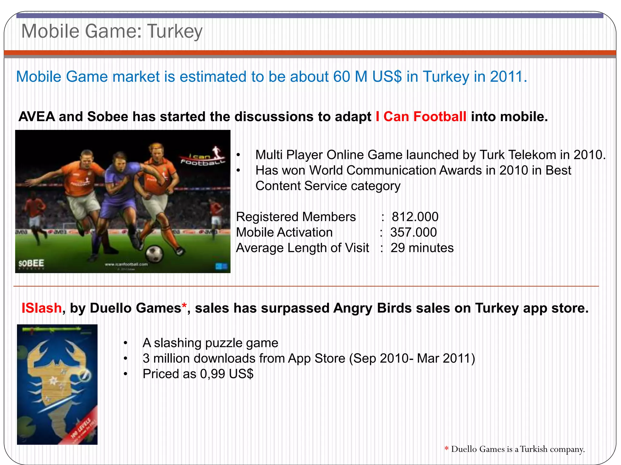 Mobile Game: Turkey

Mobile Game market is estimated to be about 60 M US$ in Turkey in 2011.

AVEA and Sobee has started the discussions to adapt I Can Football into mobile.

                                  •   Multi Player Online Game launched by Turk Telekom in 2010.
                                  •   Has won World Communication Awards in 2010 in Best
                                      Content Service category

                                  Registered Members      : 812.000
                                  Mobile Activation       : 357.000
                                  Average Length of Visit : 29 minutes



ISlash, by Duello Games*, sales has surpassed Angry Birds sales on Turkey app store.

               •   A slashing puzzle game
               •   3 million downloads from App Store (Sep 2010- Mar 2011)
               •   Priced as 0,99 US$




                                                                     * Duello Games is a Turkish company.
 