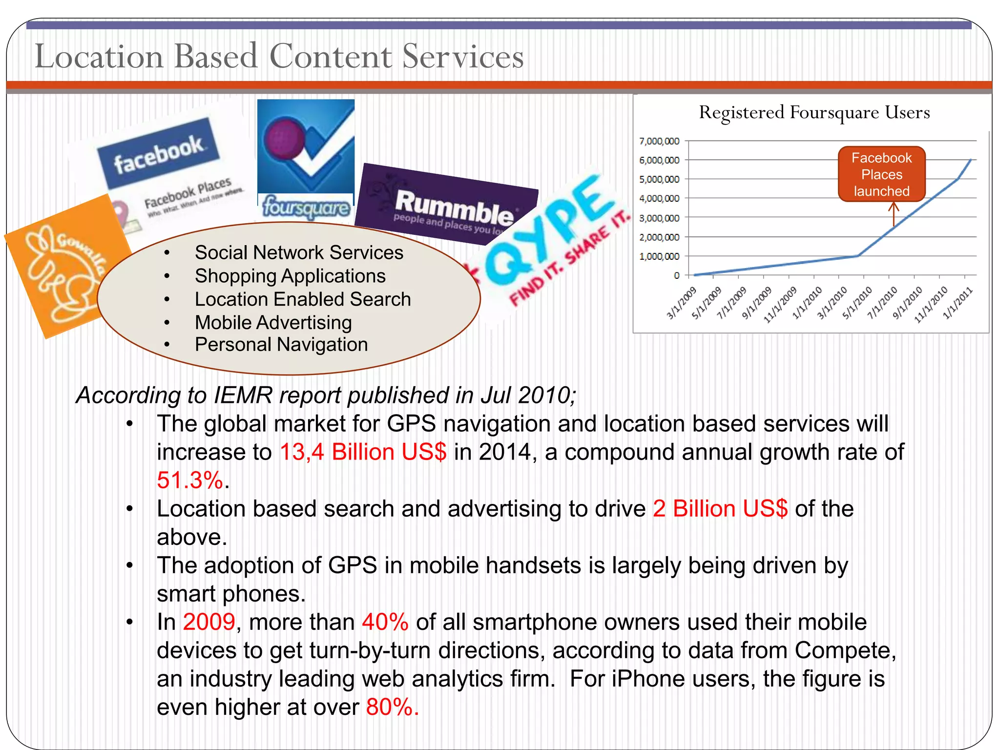 Location Based Content Services
                                                            Registered Foursquare Users

                                                                             Facebook
                                                                               Places
                                                                             launched



          •   Social Network Services
          •   Shopping Applications
          •   Location Enabled Search
          •   Mobile Advertising
          •   Personal Navigation

  According to IEMR report published in Jul 2010;
      • The global market for GPS navigation and location based services will
         increase to 13,4 Billion US$ in 2014, a compound annual growth rate of
         51.3%.
      • Location based search and advertising to drive 2 Billion US$ of the
         above.
      • The adoption of GPS in mobile handsets is largely being driven by
         smart phones.
      • In 2009, more than 40% of all smartphone owners used their mobile
         devices to get turn-by-turn directions, according to data from Compete,
         an industry leading web analytics firm. For iPhone users, the figure is
         even higher at over 80%.
 