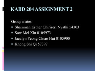 KABD 204 ASSIGNMENT 2

Group mates:
 Shammah Esther Chiriseri Nyathi 54303
 Sow Mei Xin 0105973
 Jacalyn Yeong Chiao Hui 0105900
 Khong Shi Qi 57397
 