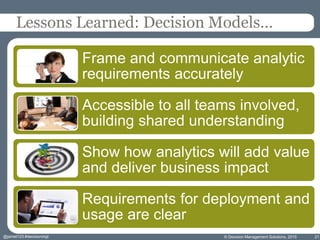 © Decision Management Solutions, 2015 21
Lessons Learned: Decision Models…
Frame and communicate analytic
requirements accurately
Accessible to all teams involved,
building shared understanding
Show how analytics will add value
and deliver business impact
Requirements for deployment and
usage are clear
@jamet123 #decisionmgt
 