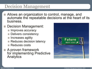 Decision Management
Allows an organization to control, manage, and
automate the repeatable decisions at the heart of its
business.
Decision Management:
Improves accuracy
Delivers consistency
Increases agility
Reduces decision latency
Reduces costs
A proven framework
for implementing Predictive
Analytics
© Decision Management Solutions, 2015 26@jamet123 #decisionmgt
 