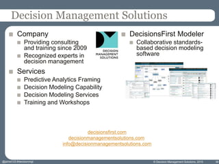 Decision Management Solutions
Company
Providing consulting
and training since 2009
Recognized experts in
decision management
Services
Predictive Analytics Framing
Decision Modeling Capability
Decision Modeling Services
Training and Workshops
DecisionsFirst Modeler
Collaborative standards-
based decision modeling
software
© Decision Management Solutions, 2015 36@jamet123 #decisionmgt
decisionsfirst.com
decisionmanagementsolutions.com
info@decisionmanagementsolutions.com
 