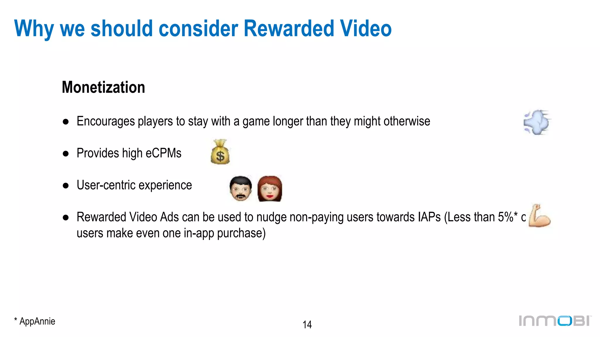 14
Why we should consider Rewarded Video
Monetization
● Encourages players to stay with a game longer than they might otherwise
● Provides high eCPMs
● User-centric experience
● Rewarded Video Ads can be used to nudge non-paying users towards IAPs (Less than 5%* of
users make even one in-app purchase)
* AppAnnie
 