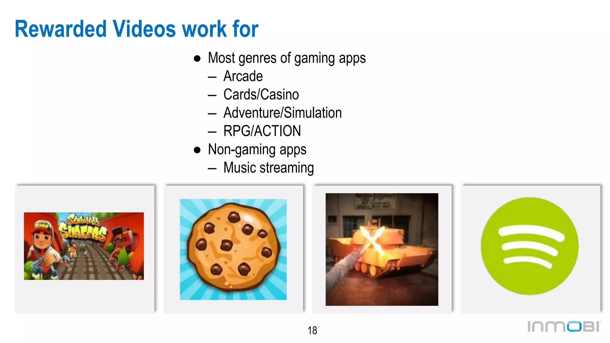 18
Rewarded Videos work for
● Most genres of gaming apps
– Arcade
– Cards/Casino
– Adventure/Simulation
– RPG/ACTION
● Non-gaming apps
– Music streaming
– Social
Subway Surfers Slotomania Payback 2 Spotify Text Me
 
