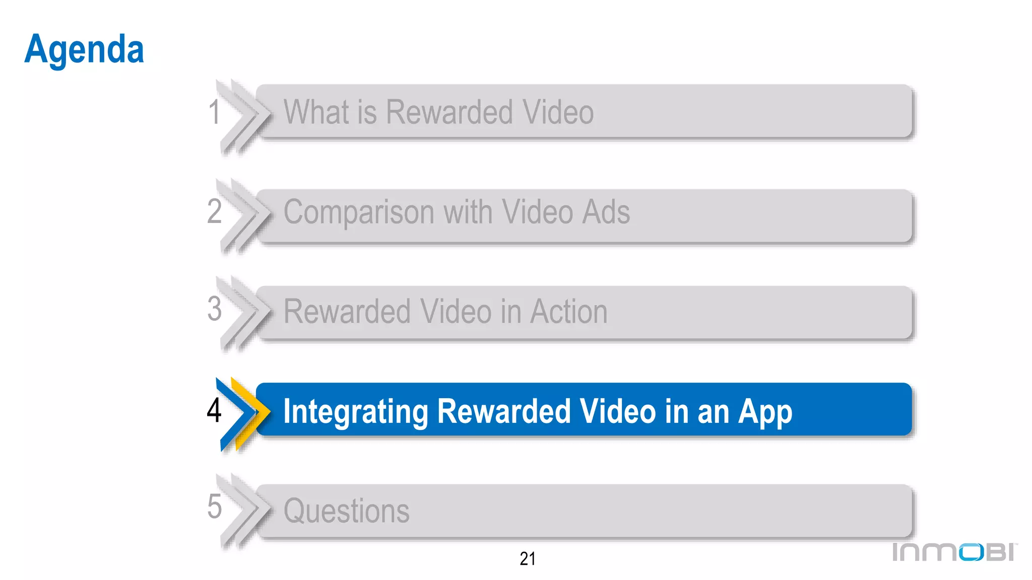 21
Agenda
What is Rewarded Video
Comparison with Video Ads
Rewarded Video in Action
Integrating Rewarded Video in an App
Questions
1
2
3
4
5
 