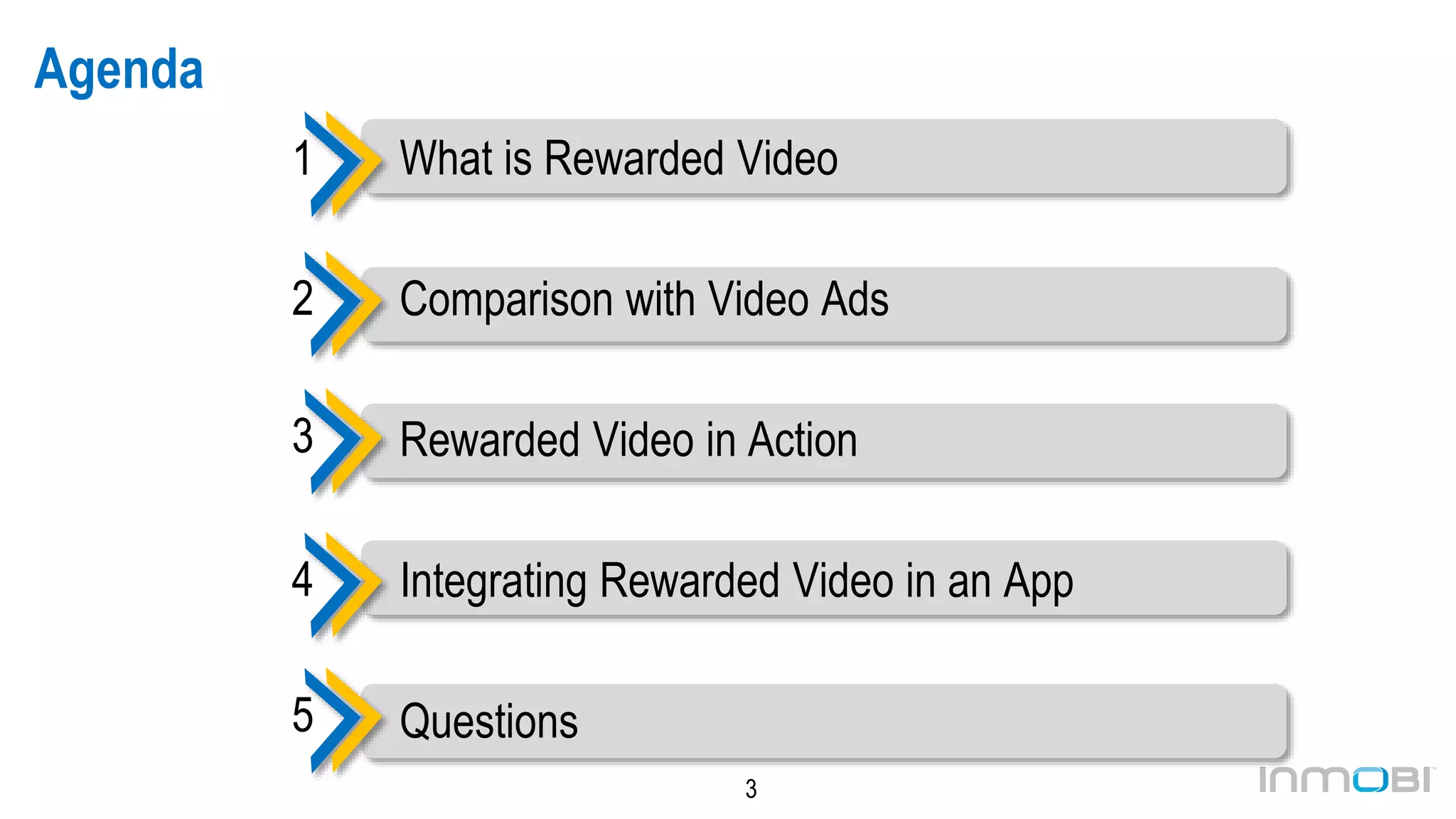 3
Agenda
What is Rewarded Video
Comparison with Video Ads
Rewarded Video in Action
Integrating Rewarded Video in an App
Questions
1
2
3
4
5
 