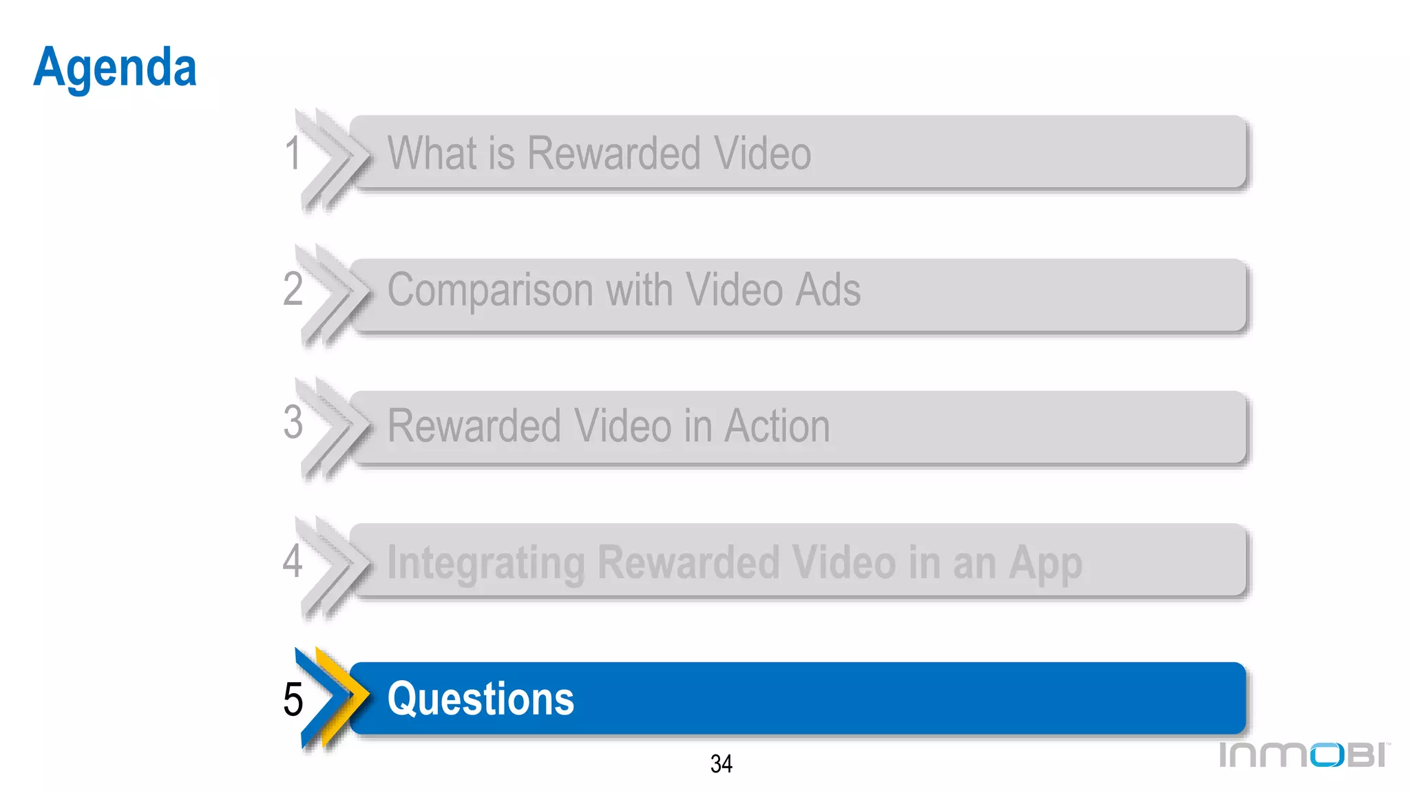 34
Agenda
What is Rewarded Video
Comparison with Video Ads
Rewarded Video in Action
Integrating Rewarded Video in an App
Questions
1
2
3
4
5
 